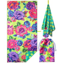 Microfiber Beach Towels, Double-Sided 71"X32" Large, Thin, Lightweight, Sand Free, Quick Dry Beach Towel, Absorbent, Compact, Swimming Pool, Camping, Beach, Travel, Carry Bag, Floral (Happy Garden)