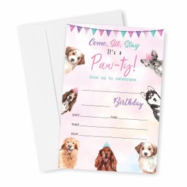 DYIRBIIY Puppy Birthday Invitations, Let's Pawty Birthday Party Invites Decorations, Dog Birthday Party and Events Supplies, 20 Fill-in Invites Cards with Matching Envelopes（YQK-049）