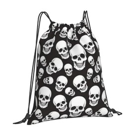 Richugui Cool Skull Drawstring Backpack Gym Bag for Women Men Black String Cinch Bag Lightweight for School Travel Sport Yoga