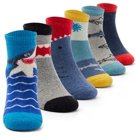 Children's Wool Socks Boys Warm Winter Socks Thick Crew Thermal Socks Cartoon Construction Vehicle Socks 6 Pairs, Sharks 2733B