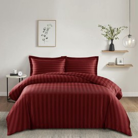Imperial Rooms Single Duvet Cover Set Reversible Stripes Satin Bedding Set with Pillowcase Breathable Microfiber Duvet Covers (Burgundy 135x200 Cm)