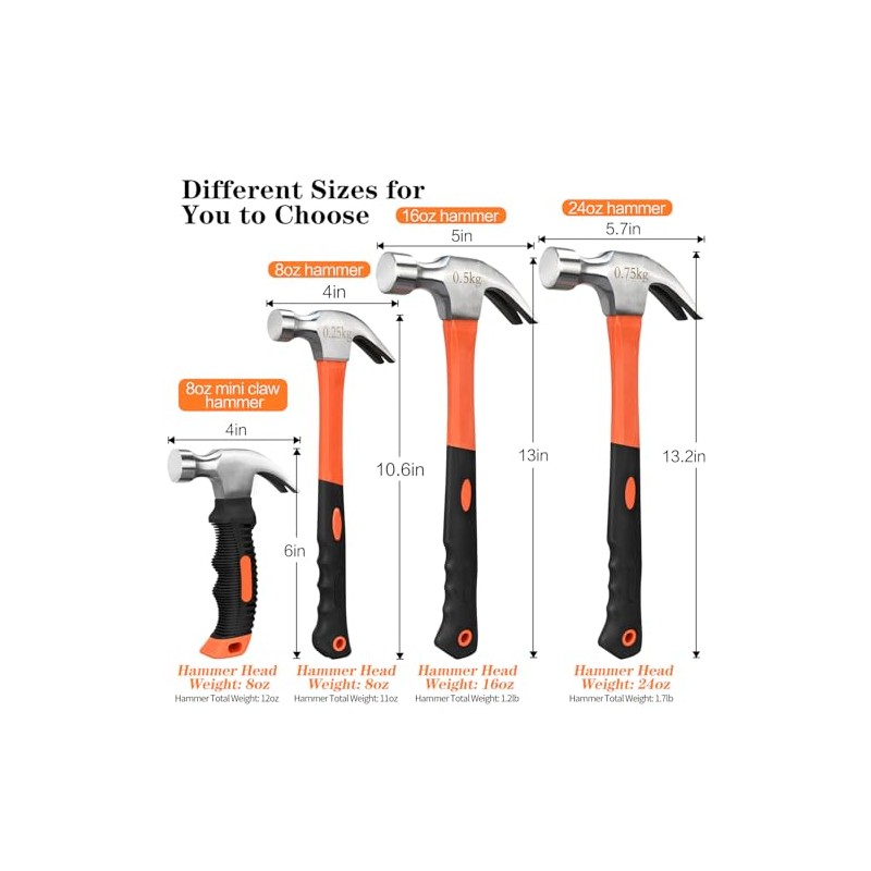 8/16/24oz Straight Rip Fiberglass General Purpose Claw Hammer, with Smooth