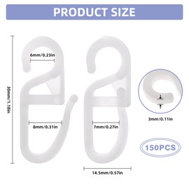 150 PCS Curtain Hooks,Plastic Curtain Hanging Hook,Foldable Head White Curtain Hooks with 6mm Eyelets,Curtain Track Glider Hooks for Curtains, Shower Curtains and Curtain Rods (White,30×14.5mm)