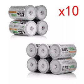EBL D Cell Size NIMH Rechargeable Batteries 1.2V Battery + Case Box Lot - 10x D Cell Battery