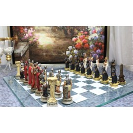 Ebros Pharaoh Egyptian VS Caesar Roman Empire Resin Chess Pieces W/ Glass Board