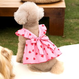 BAOBICUTE Dog Dress Clothes for Small Dogs Girl with Leash Ring & Bow Cat Dog Outfit Strawberry Printed Pet Cat Apparel Sweet Ruffled Chihuahua Yorkie Puppy Clothes