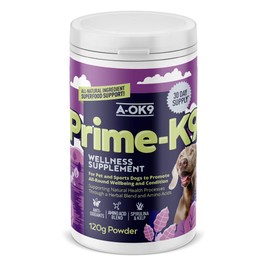 A-OK9 Prime-K9 Wellness Supplement for Dogs - Pot of 120g Powder - Promotes All-Round Wellbeing & Condition - Natural Ingredients - Vitamins for Dogs - All Ages & Breeds