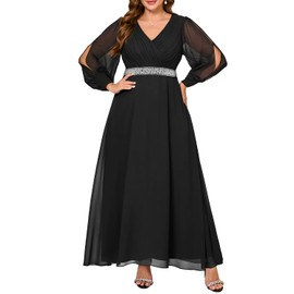 Women Plus Size Formal Dresses Black Evening Gown Long Sleeve Chiffon Bridesmaid Wedding Elegant Ruched Aline Maxi Dress