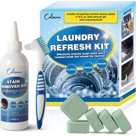 Calvana Laundry Refresh Kit, 30 Washing Machine Cleaner Tablets, 6.76 fl. oz Stain Remover Gel, Cleaning Brush, Tackles Pet Odors & Stains on Grout/Caulk, Family & Pet Safe, 12-Month Supply