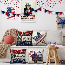 FUYUCHEN 4th of July Throw Pillow Covers 18x18 Inch Set of 4 Let Freedom Ring America Stars Stripes Car Patriotic Independence Memorial Day Pillow Cases for Sofa Couch Home Farmhouse Decorations
