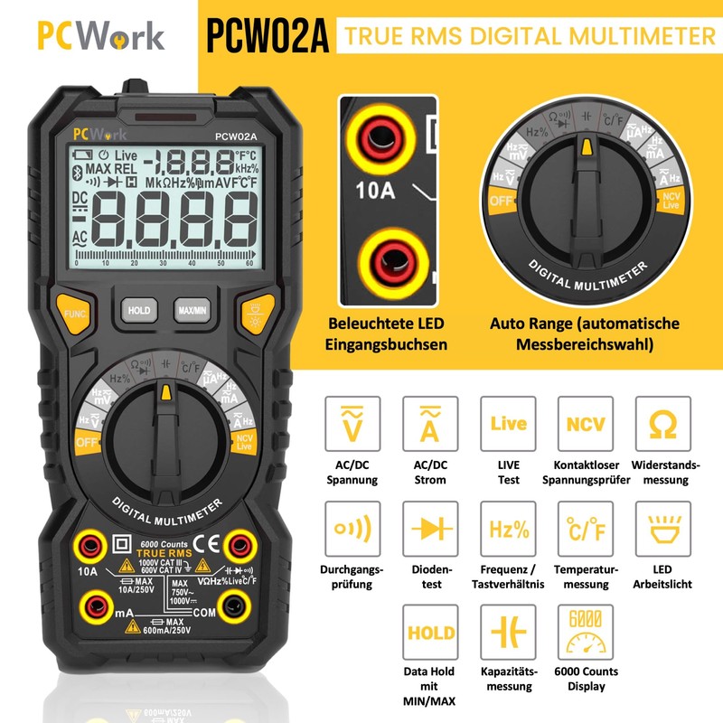 PCWork Professional Digital Multimeter PCW02A, Multimeter 1000V, True RMS, Large