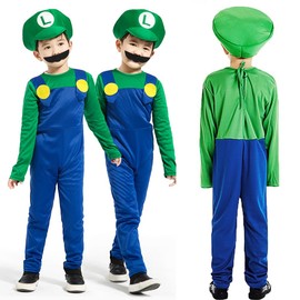Jofiesu Mario Costume for Kids 3-12, Mario and Luigi Costume Game Outfit Fancy Dress Up Jumpsuit Bodysuit Cosplay with Hat Gloves Moustaches (Green, 9-12th)