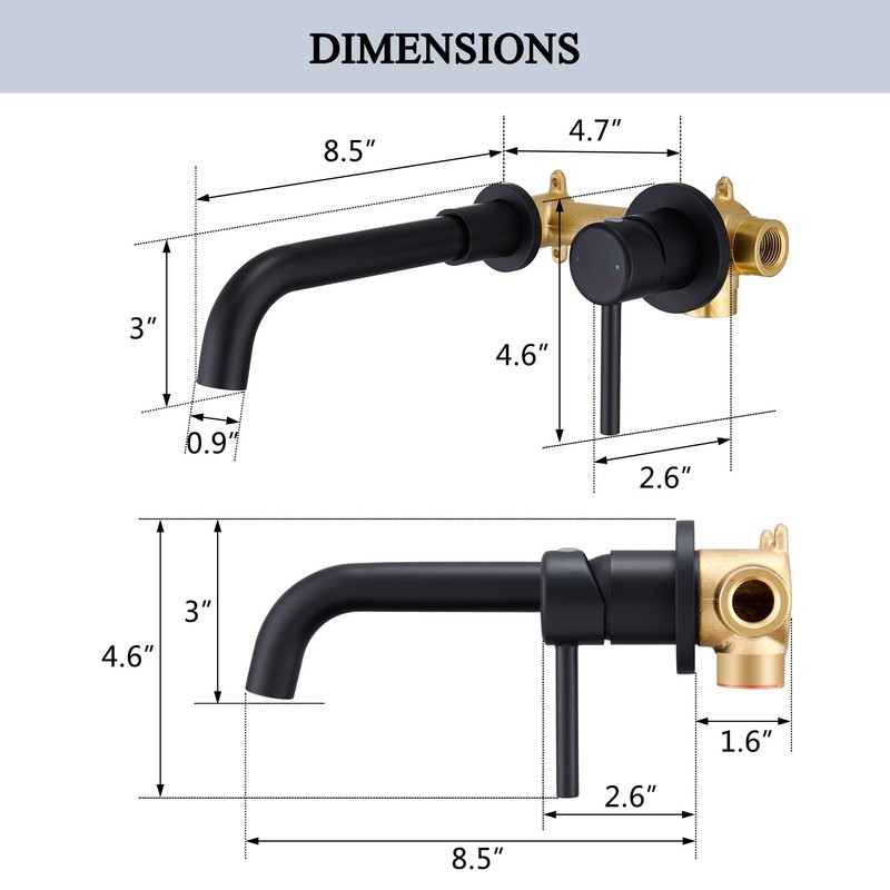 YardMonet Wall Mount Bathroom Faucet Matte Black, Single Handle Wall