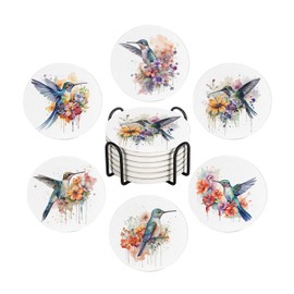 Drink Coasters for Drinks Set of 6, Watercolor Hummingbird Absorbent Round Ceramic Stone Mat, with Cork Base and Metal Holder, Home Bar Decor House Warming Gift