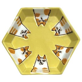 24to3 477451 Nishitomi Pottery Arita Ware Plate, Small Plate, Approx. 3.9 inches (10 cm), Hexagonal, 6 Cats, Yellow, Made in Japan