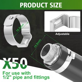 Duraaamo 50 Pcs 1/2" Irrigation Sprinkler Clamp Pinch Double Gripping Leakproof Hose Pipe Clamps, Solution for Leaking of Drip Irrigation Kit Connector for 1/2" Pipe and Fittings, Stainless Steel