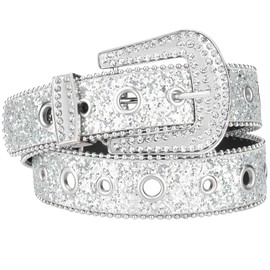 macoking Rhinestone Diamond Belt Silver Grommet Belt Bling Belts for Women Jeans Pants L