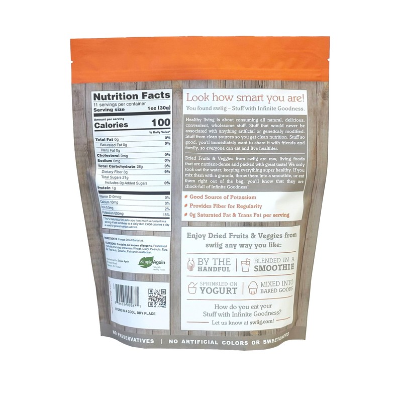 swiig Freeze-Dried, Bananas, Raw, Vegan, Potassium Rich, No Added Sugar