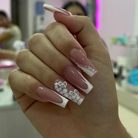 White French Tip Press on Nails Flower Fake Nails Medium Square False Nails with Silver Glitter Design Heart Glue on Nails Glossy Acrylic Full Cover Valentine Stick on Nails for Women Girls Manicure