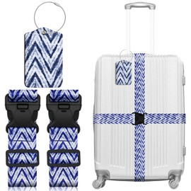 Luggage Straps & Luggage Tags Set for Suitcases Travel Belt Accessories, Printed Suitcase Strap, Adjustable Luggage Belt Strap, Heavy Duty with Quick-Release Buckle - 3 Pieces, Blue Curve