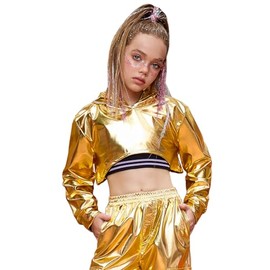 Perfashion crop tops for girls metallic long sleeve hip hop dance outfits kids 80s neon gold size 8 10
