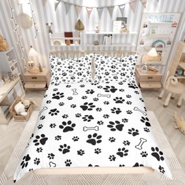 Dog Paw Print Bedding Set Twin Size for Kids Boys Bedroom,Puppy Bone Bed Duvet Cover Set,Black White Comforter Cover Dog Footprints Decor 2 Pieces 1 Duvet Cover with 1 Pillowcase No Comforter
