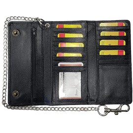 DEURA USA Genuine Cowhide Leather Trifold Long Chain Motorcycle Biker Trucker Wallet RFID