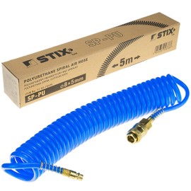 Compressed Air Spiral Hose SP-PU 5 m, Compressed Air Hose 5/8 mm Made of PU, Max. Pressure 10 Bar, with Kink Protection and Quick Coupling, Suitable for Pneumatic Tools