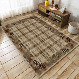 LHOMKCV Rustic Cabin Area Rug, 3x5ft, Country Nature Leaf Pine Cone Border Accent Rugs, Lodge Brown Buffalo Plaid Rug, Non Slip Machine Washable Low Pile Area Rug for Living Room, Bedroom