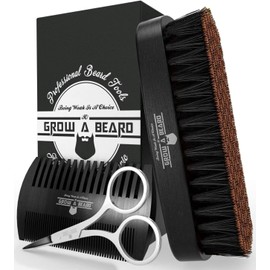 GROW ALPHA BEARD Beard Brush For Men & Beard Comb Set w/Mustache Scissors Grooming Kit