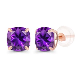 14K Rose Gold Plated Sterling Silver 6mm Cushion Natural Purple Amethyst February Birthstone Genuine Stud Earrings For Women