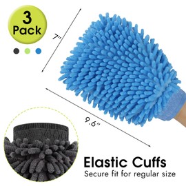 3 Pack Chenille Microfiber Car Wash Mitt, 7" x 9.8" Car Washing Mitts, Home Dusting Gloves, Scratch Free Lint-Free, Highly Absorbent, Double Sided, for Cleaning Detailing Polish (Blue,Green,Grey)