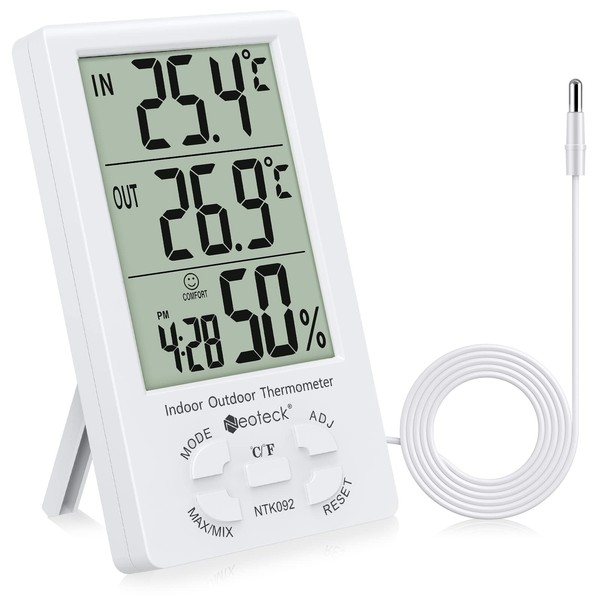 Neoteck 3 in 1 Thermometer Hygrometer with Clock Large LCD