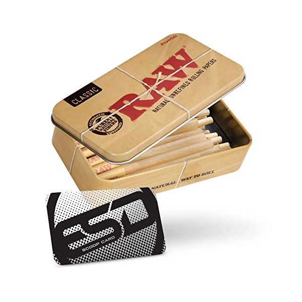 RAW Prerolled Cones Size 1 1/4 (20 Pack) in a Metal Tin Container with Bamboo Packing Stick and Scoop Card