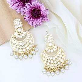 Aheli Gold Plated Kundan Studded White Dangle Earrings Ethnic Fashion Jewellery Gift for Women