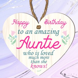 Pixie's Gifts Wooden or acrylic Heart Plaque for Auntie - Happy Birthday - Gift for an Amazing Auntie - Rustic Home Decor - Heartfelt Message - 10cm x 9cm - Made in the UK (MDF WOOD)