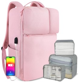 DEVONWIDE 50L Travel Backpack for Men Women, Carry on Backpack with USB Charging Port & Shoe Pouch, TSA Travel 17in Laptop Backpack Flight Approved, Luggage Daypack with 3 Packing Cubes, Pink