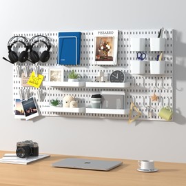 VEOFEMLEA Pegboard Combination Kit, 8 Peg Boards and 30 Accessories Modular Hanging Black Pegboard for Walls, Office Wall Organizer, Keys Holder on Wall, Nursery Storage, 44"x22" White