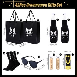 D-JINPEI 42 Pcs Groomsmen Gifts Set, Groomsmen Proposal Bag, Best Groomsmen Wine Glasses, Bottle Opener, Bottle Holder, Sunglasses, Groomsmen Bags, Wedding Party Socks，For Wedding Party