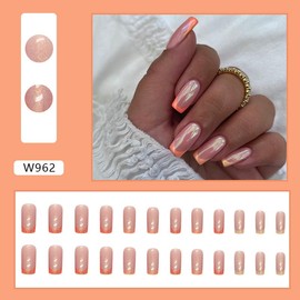 24Pcs French Tip Press on Nails Coffin Medium Fake Nails Glitter Acrylic False Nails with Vibrant Orange Glossy Glue on Nails Full Cover Artificial Stick on Nails for Women