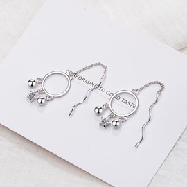 925 Sterling Silver Dreamcatcher Stars Tassel Needle Drop Threader Pull Through Earrings for Womens Dream Catcher Dangle Earring Bohemian Jewelry Gift (Silver)