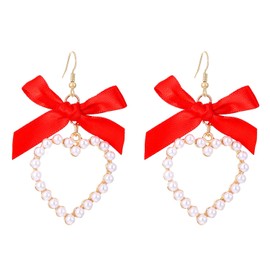 Seakuur Bow Pearl Hollow Heart Earrings for Women Ribbon Bowknot Pearl Heart Drop Dangle Earrings Birthday Wedding Jewelry (Red)