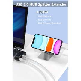 New USB 3.0 Hub [90°/180° Degree Rotatable] 4 Ports, USB Splitter Extender Multi-Port Adapter with 3 USB Ports & 1 USB C Power/Data Port, for Laptop, Car, MacBook Pro/Air, Keyboard (Black)