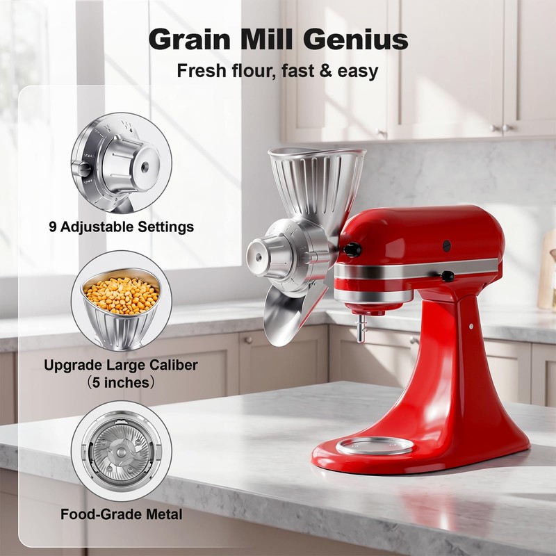 Grain Mill Attachment for KitchenAid, Food-Grade All-Metal 9 Levels Flour