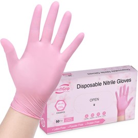 SwiftGrip Pink Nitrile Gloves, 3-mil, Pink Industrial Gloves Disposable Latex Free, Gloves for Cleaning & Esthetician, Pink Rubber Gloves, Pink Cleaning Gloves, Powder-Free, 50-ct Box (Small)
