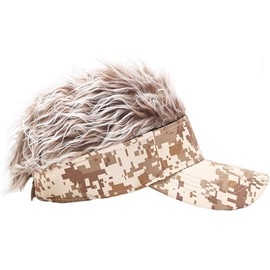 Kisymear Fluffy Hair Flare Visor, Hat, Cap, Flare Wig, Hair, Bald, Wig, Sun Visor, Baseball Cap, Golf, Fishing, Camping, Outdoors, Drinking Party, Banquet, Prize, Disguise, Joke Goods, camo yellow,