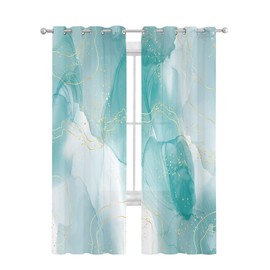 Marble Agate Sheer Curtains 84 Inches Long 2 Panel Set, Marbling Gold Gradient Aqua Turquoise Light-Filtering Semi Sheer Drapes Window Curtains for Living Room/Bedroom 42x84x2