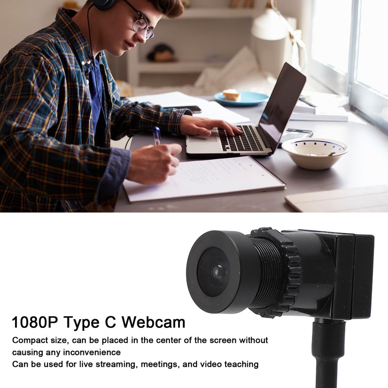 1080P Webcam with Microphone, Type-C Web Camera, Fixed Focus, Plug