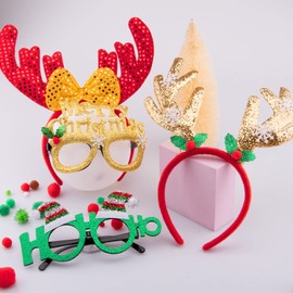SIQUK 16 Pcs Christmas Party Favour with 8 Pcs Christmas Headband and 8 Pcs Christmas Glasses Frames Reindeer Snowman Headband Santa Claus Christmas Tree Glasses Frames Decorations for Christmas