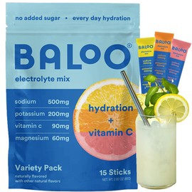 Baloo Electrolyte Drink Mix – No Added Sugar Hydration Powder with Magnesium, Potassium, Sodium & Vitamin C – Variety – 15 Stick Packs
